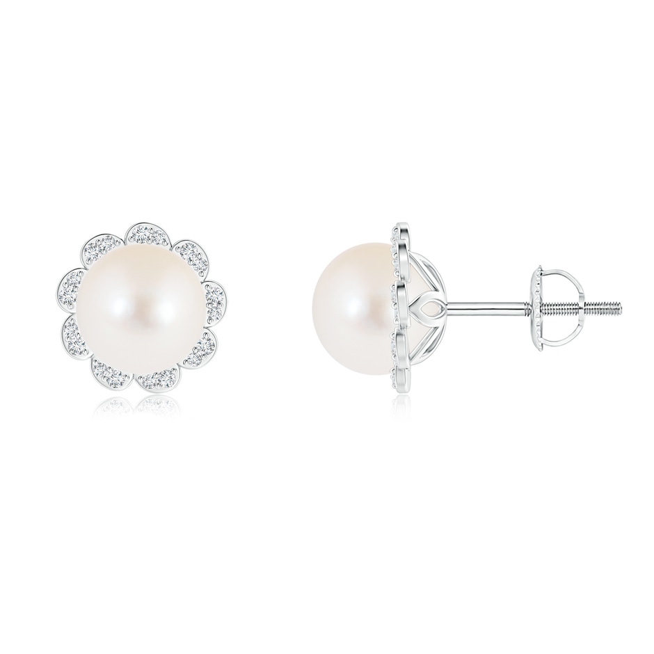 8mm AAA Freshwater Cultured Pearl Floral Halo Studs in White Gold 