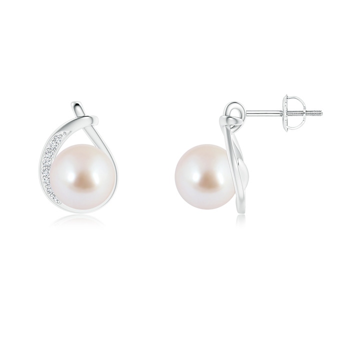 8mm AAA Akoya Cultured Pearl Stud Earrings with Pavé Diamonds in White Gold 