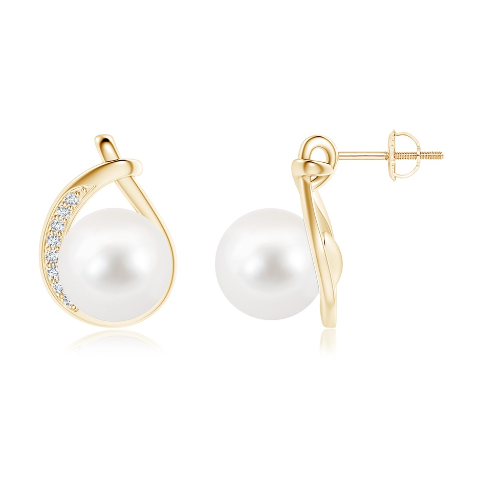 10mm AA Freshwater Pearl Stud Earrings with Pavé Diamonds in Yellow Gold 