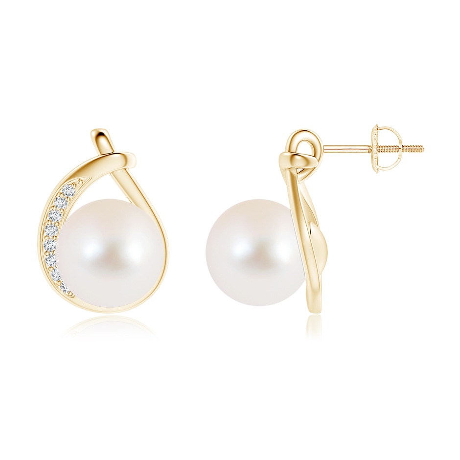10mm AAA Freshwater Pearl Stud Earrings with Pavé Diamonds in Yellow Gold 