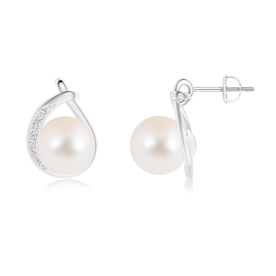 9mm AAA Freshwater Pearl Stud Earrings with Pavé Diamonds in White Gold 