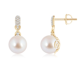 8mm AAA Akoya Cultured Pearl Infinity Earrings with Diamonds in Yellow Gold