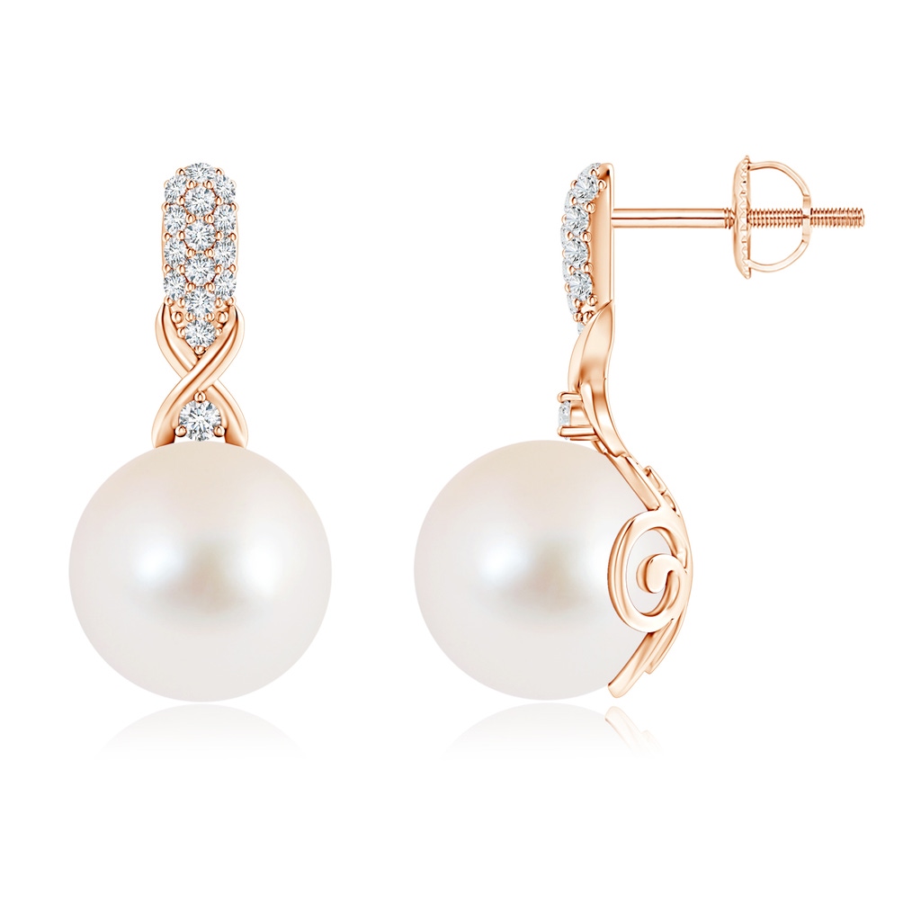 10mm AAA Freshwater Pearl Infinity Earrings with Diamonds in Rose Gold