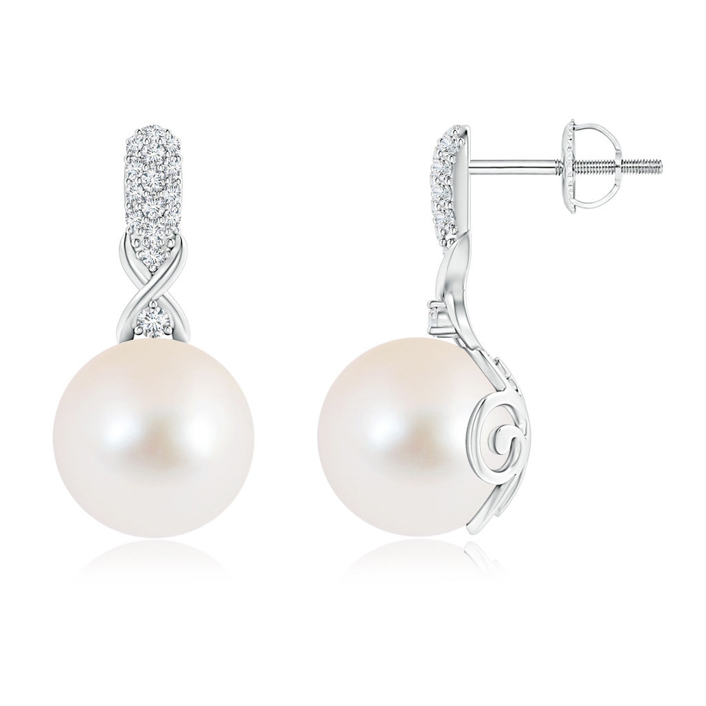 10mm AAA Freshwater Pearl Infinity Earrings with Diamonds in White Gold