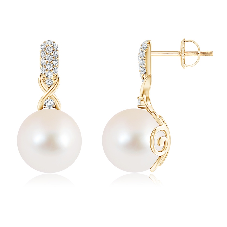 10mm AAA Freshwater Pearl Infinity Earrings with Diamonds in Yellow Gold 
