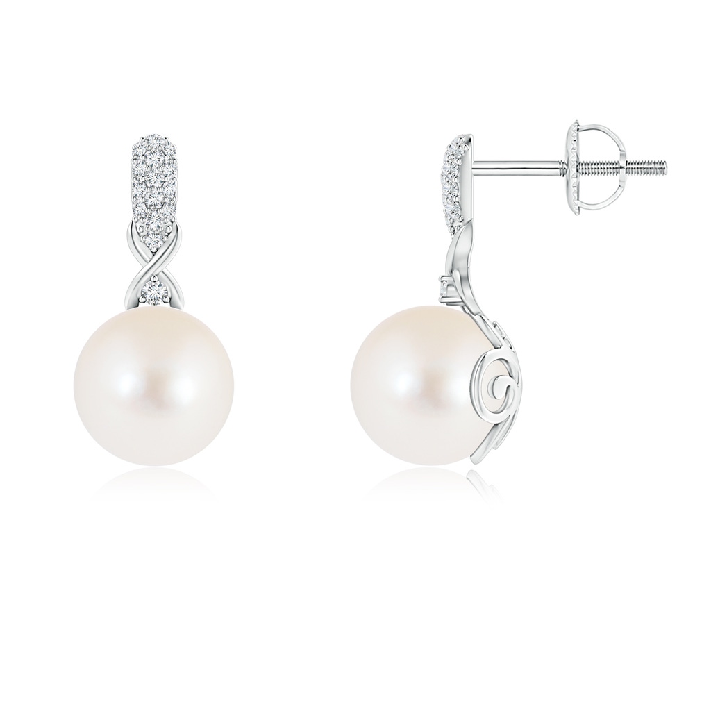 8mm AAA Freshwater Pearl Infinity Earrings with Diamonds in White Gold