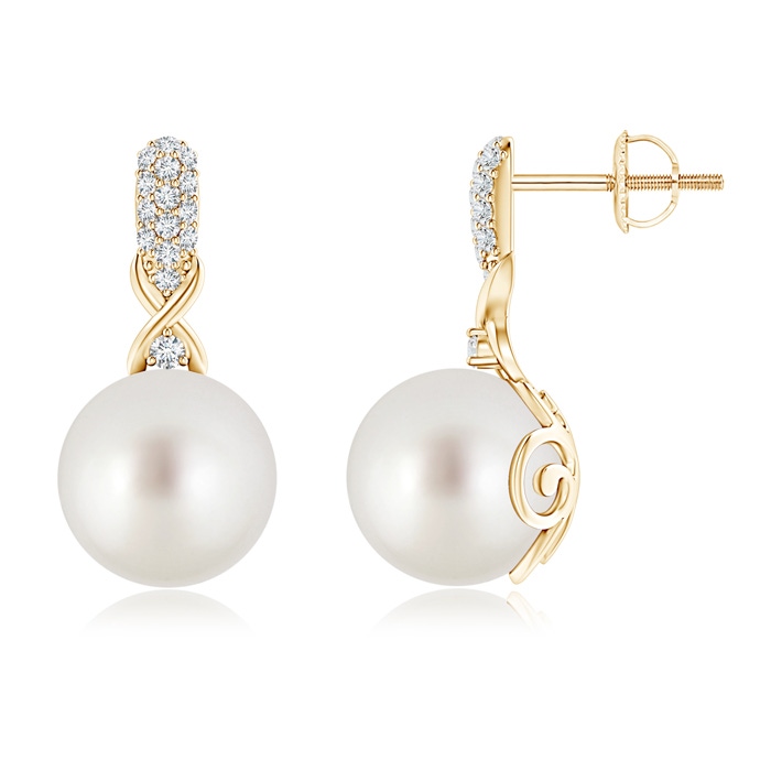 10mm AAA South Sea Pearl Infinity Earrings with Diamonds in Yellow Gold 