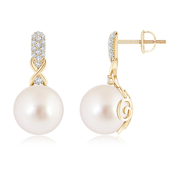 10mm AAAA South Sea Pearl Infinity Earrings with Diamonds in Yellow Gold 