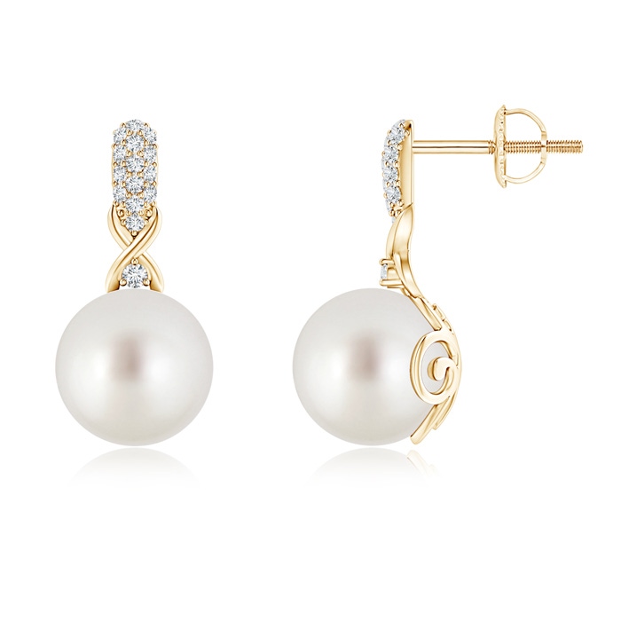 9mm AAA South Sea Pearl Infinity Earrings with Diamonds in Yellow Gold