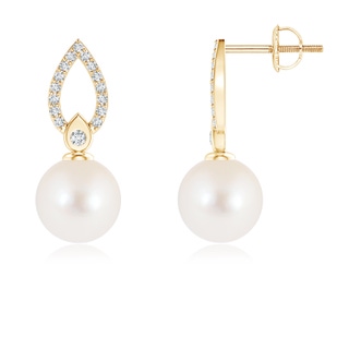 8mm AAA Freshwater Cultured Pearl and Diamond Flame Drop Earrings in Yellow Gold