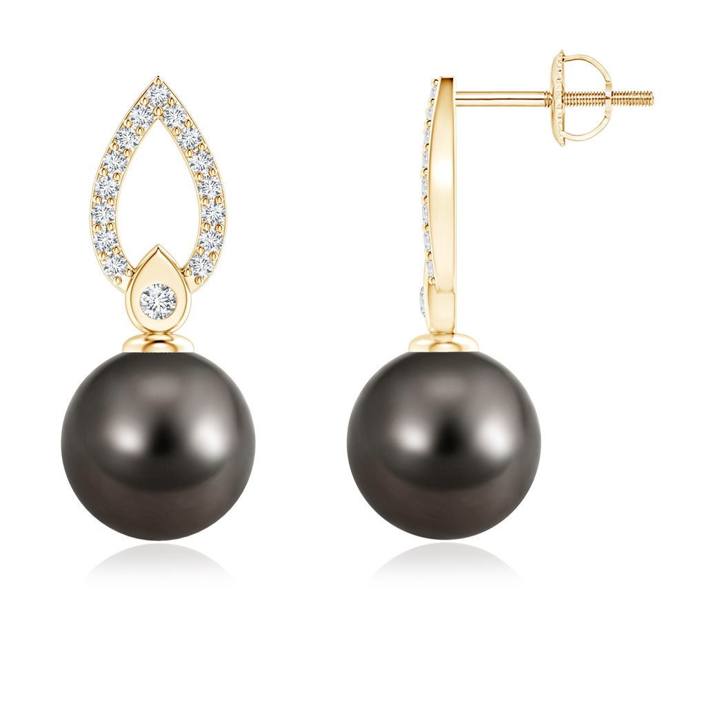 9mm AAA Tahitian Cultured Pearl and Diamond Flame Drop Earrings in Yellow Gold