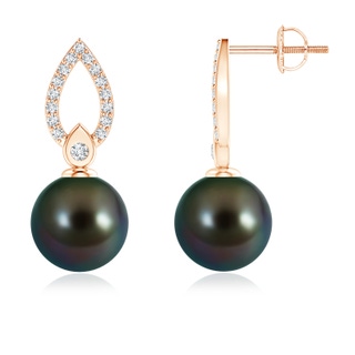 9mm AAAA Tahitian Cultured Pearl and Diamond Flame Drop Earrings in Rose Gold