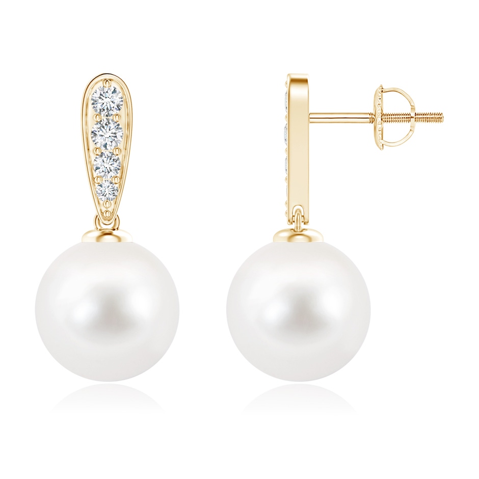 10mm AA Freshwater Pearl and Diamond Dangle Earrings in Yellow Gold 