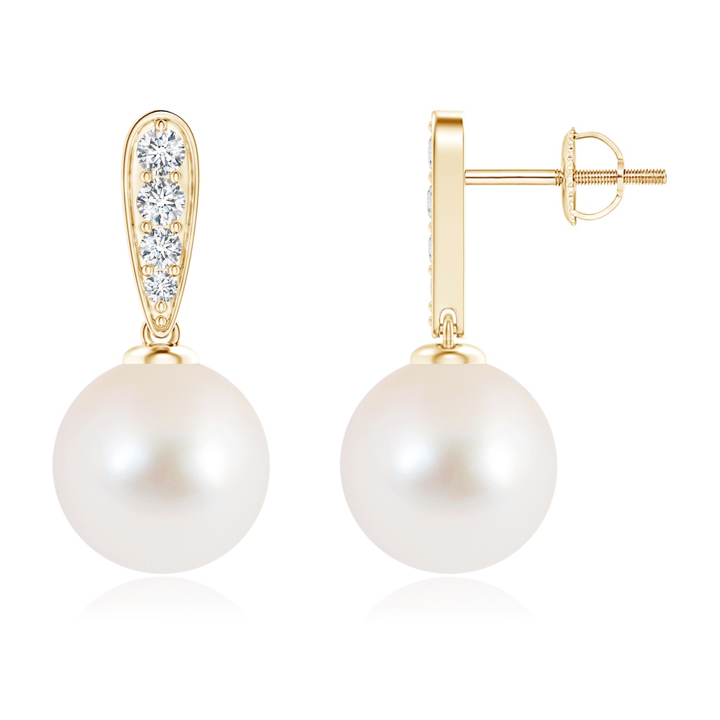 10mm AAA Freshwater Pearl and Diamond Dangle Earrings in Yellow Gold