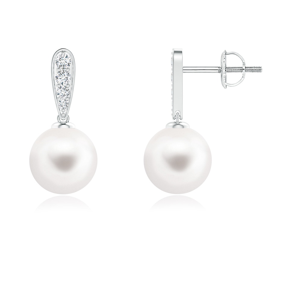 8mm AA Freshwater Pearl and Diamond Dangle Earrings in 9K White Gold 