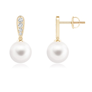 8mm AA Freshwater Pearl and Diamond Dangle Earrings in Yellow Gold