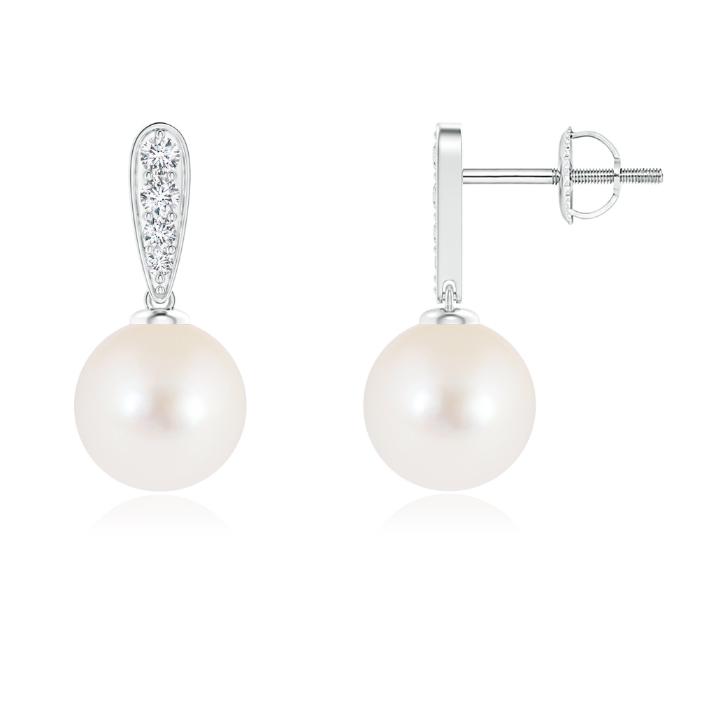 8mm AAA Freshwater Pearl and Diamond Dangle Earrings in White Gold