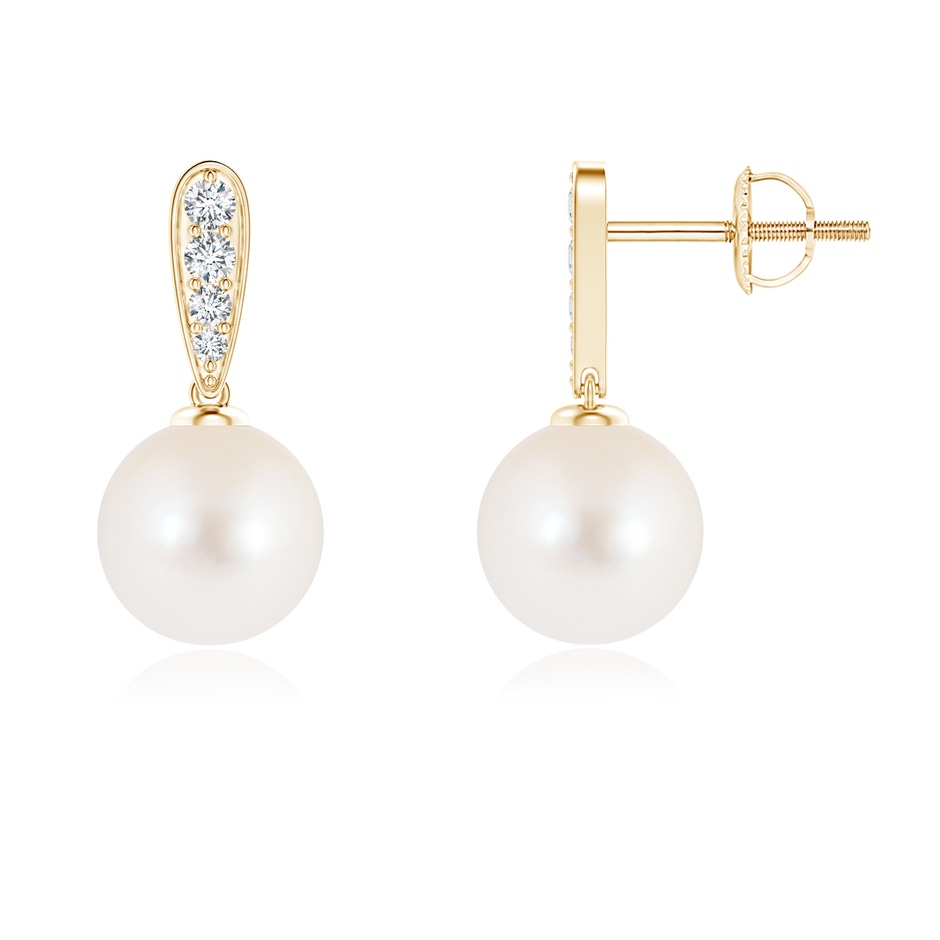 8mm AAA Freshwater Pearl and Diamond Dangle Earrings in Yellow Gold 