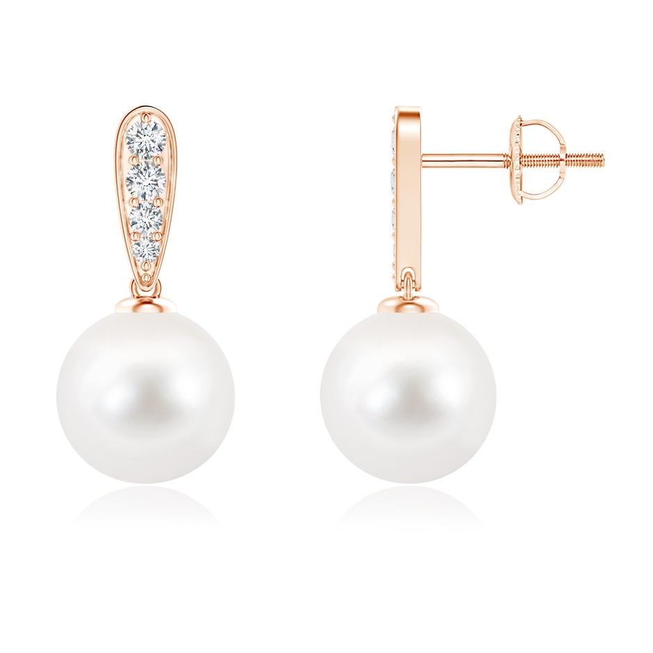 9mm AA Freshwater Pearl and Diamond Dangle Earrings in 9K Rose Gold 