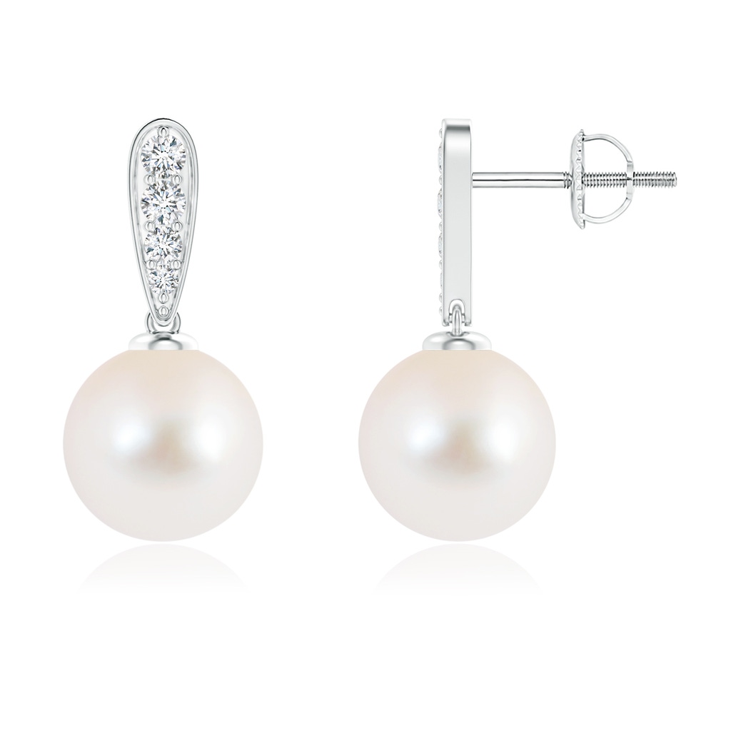 9mm AAA Freshwater Pearl and Diamond Dangle Earrings in White Gold