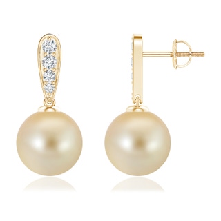 10mm AAA Golden South Sea Cultured Pearl and Diamond Dangle Earrings in Yellow Gold