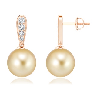 10mm AAAA Golden South Sea Cultured Pearl and Diamond Dangle Earrings in Rose Gold