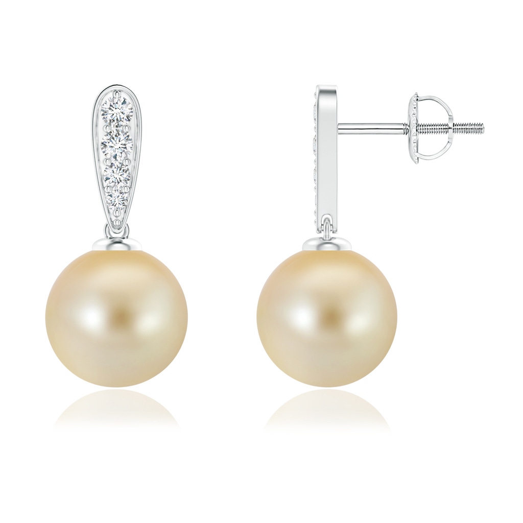 9mm AAA Golden South Sea Cultured Pearl and Diamond Dangle Earrings in White Gold