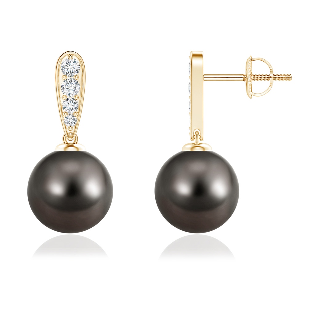 9mm AAA Tahitian Cultured Pearl and Diamond Dangle Earrings in Yellow Gold