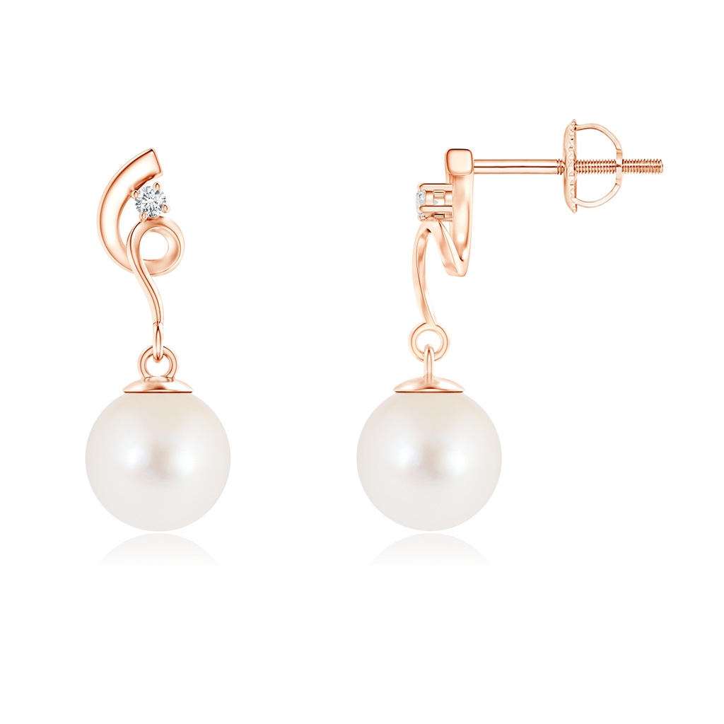 7mm AAA Freshwater Pearl Twist Earrings with Diamond in Rose Gold