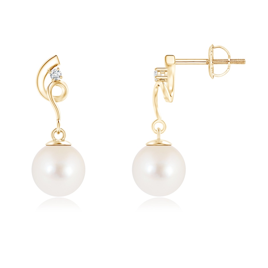 7mm AAA Freshwater Pearl Twist Earrings with Diamond in Yellow Gold 