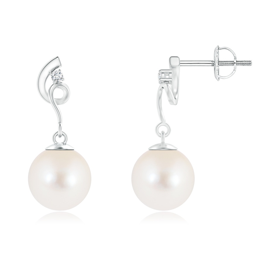 8mm AAA Freshwater Pearl Twist Earrings with Diamond in White Gold 