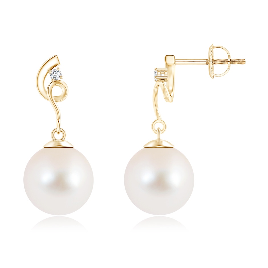 9mm AAA Freshwater Pearl Twist Earrings with Diamond in Yellow Gold 