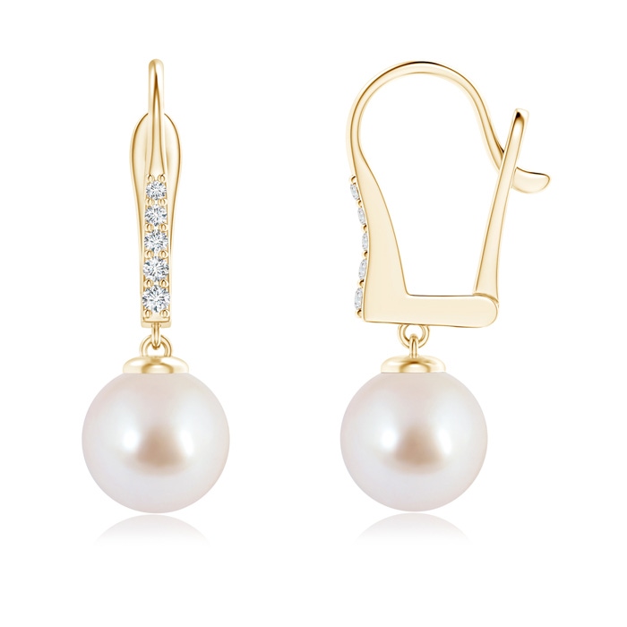 8mm AAA Akoya Cultured Pearl and Diamond Leverback Earrings in Yellow Gold 