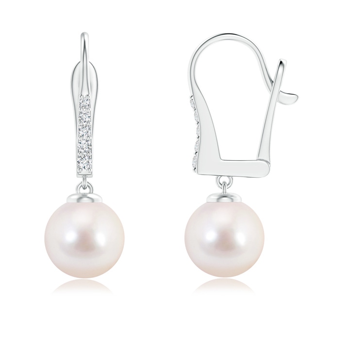 8mm AAAA Akoya Cultured Pearl and Diamond Leverback Earrings in White Gold