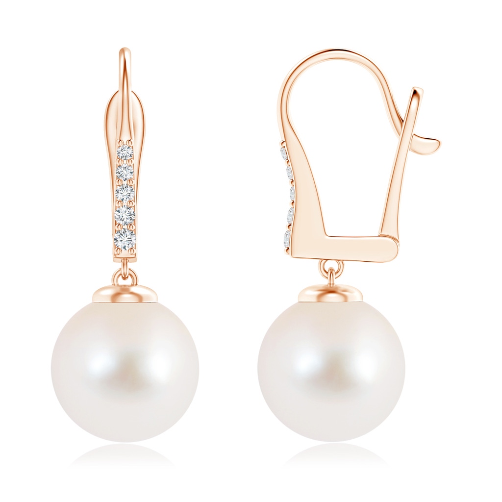 10mm AAA Freshwater Pearl and Diamond Leverback Earrings in Rose Gold