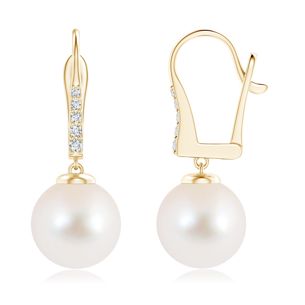 10mm AAA Freshwater Pearl and Diamond Leverback Earrings in Yellow Gold 