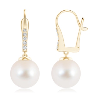10mm AAA Freshwater Pearl and Diamond Leverback Earrings in Yellow Gold