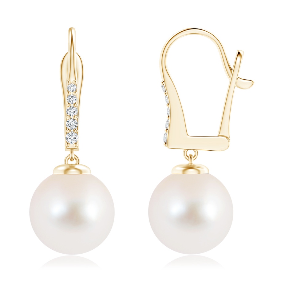 10mm AAA Freshwater Pearl and Diamond Leverback Earrings in Yellow Gold 