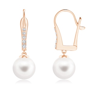 8mm AA Freshwater Pearl and Diamond Leverback Earrings in Rose Gold