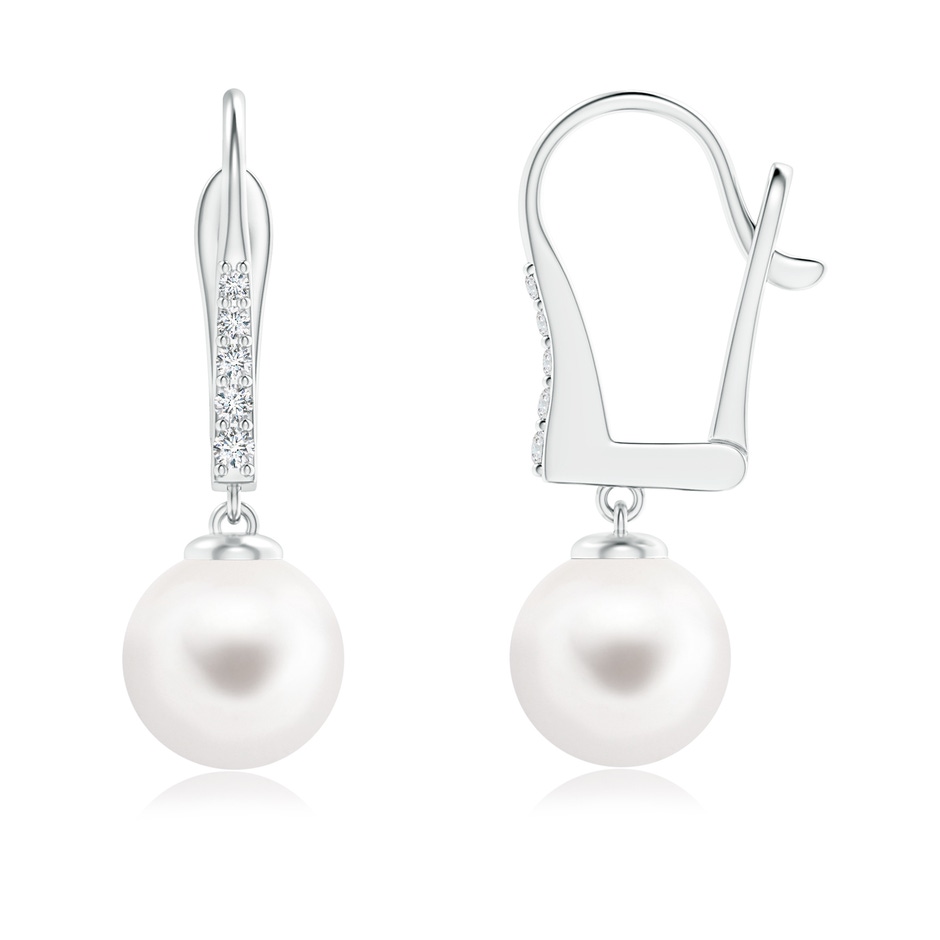 8mm AA Freshwater Pearl and Diamond Leverback Earrings in White Gold 