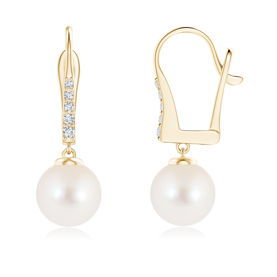 8mm AAA Freshwater Pearl and Diamond Leverback Earrings in Yellow Gold 