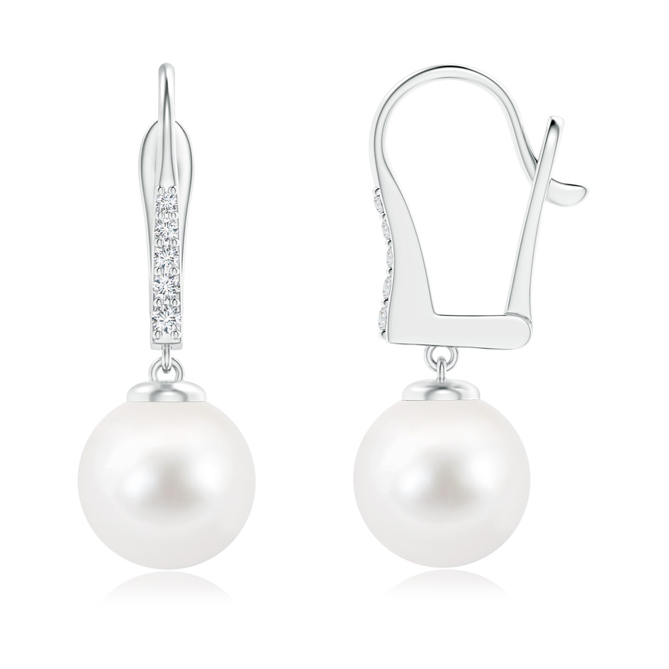 9mm AA Freshwater Pearl and Diamond Leverback Earrings in White Gold 