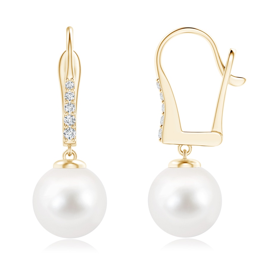 9mm AA Freshwater Pearl and Diamond Leverback Earrings in Yellow Gold 