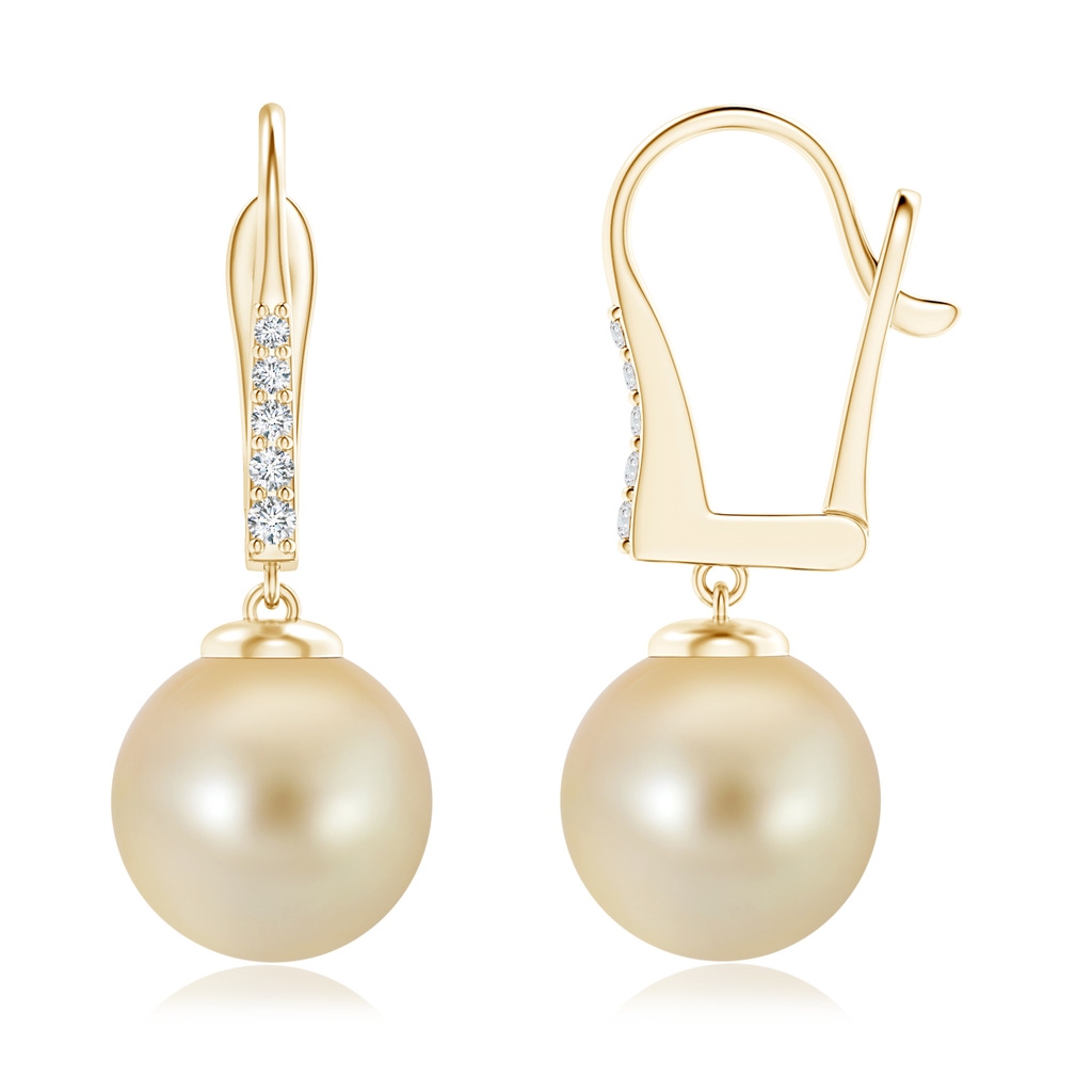 10mm AAA Golden South Sea Pearl Leverback Earrings in Yellow Gold