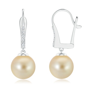 9mm AAA Golden South Sea Pearl Leverback Earrings in White Gold