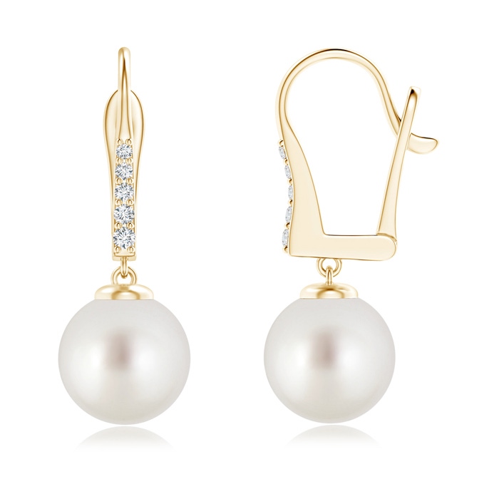 9mm AAA South Sea Cultured Pearl and Diamond Leverback Earrings in Yellow Gold