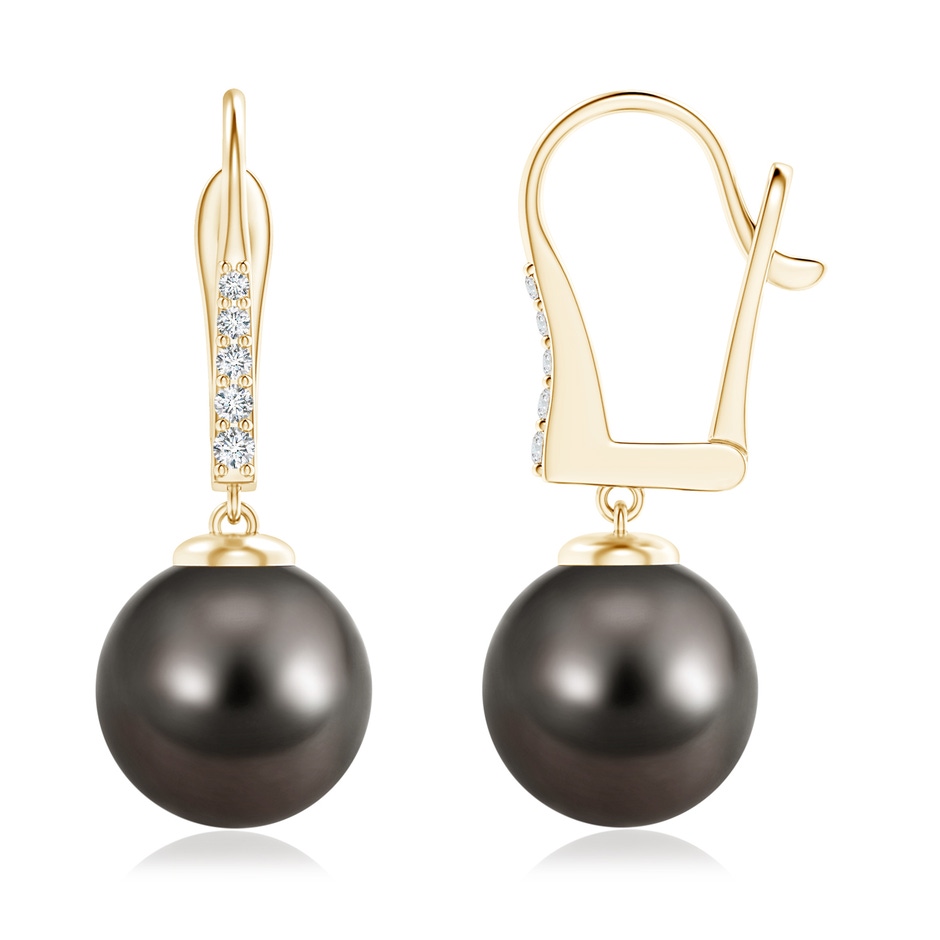 10mm AAA Tahitian Pearl and Diamond Leverback Earrings in Yellow Gold 