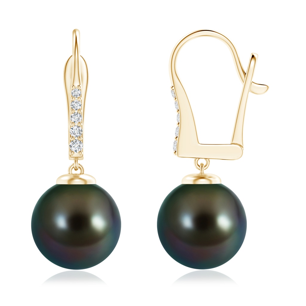 10mm AAAA Tahitian Pearl and Diamond Leverback Earrings in Yellow Gold 