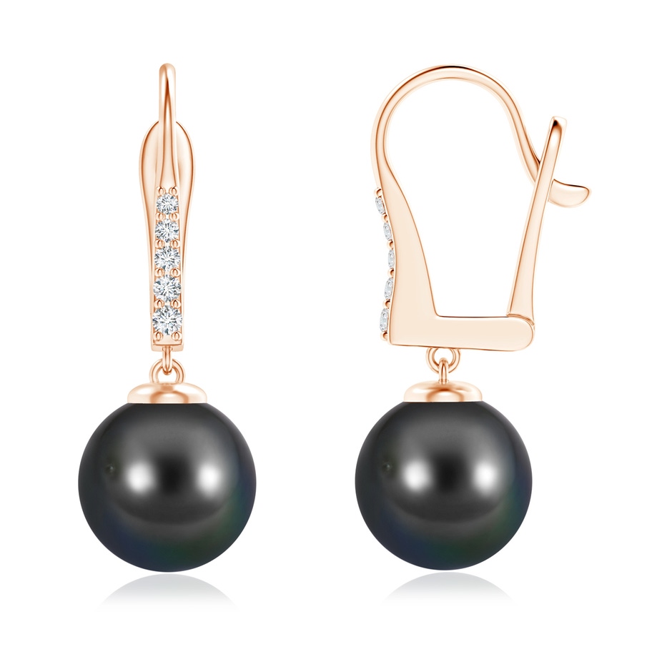 9mm AA Tahitian Pearl and Diamond Leverback Earrings in Rose Gold 
