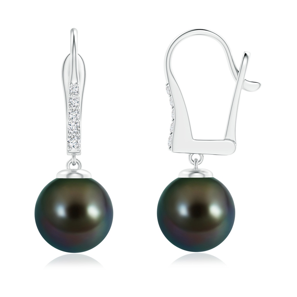 9mm AAAA Tahitian Pearl and Diamond Leverback Earrings in White Gold